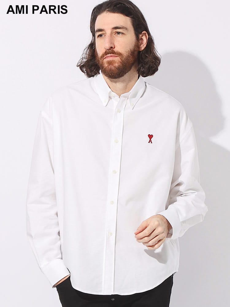 AMI PARIS (アミパリス) コットン100％ ロゴ刺繍 無地 ボタンダウン 長袖 シャツ
