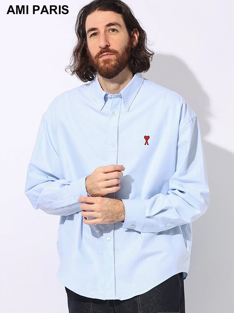 AMI PARIS (アミパリス) コットン100％ ロゴ刺繍 無地 ボタンダウン 長袖 シャツ