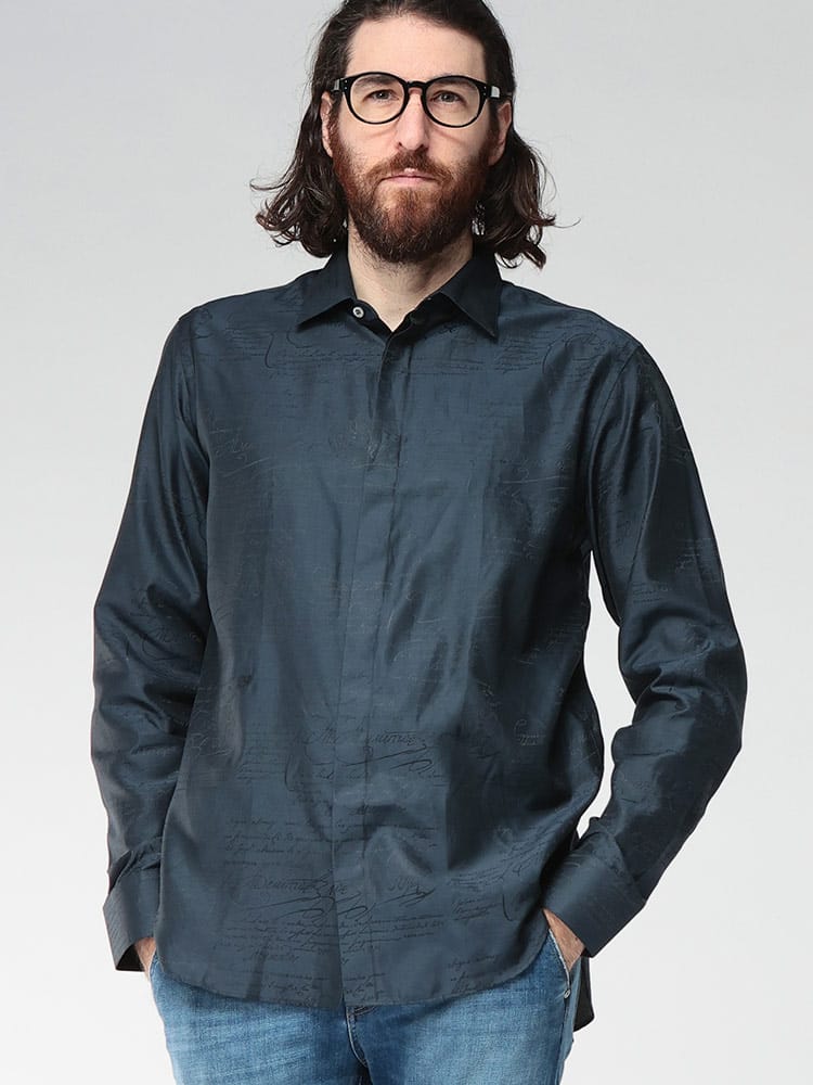 BERLUTI (ベルルッティ) シルク スクリット レギュラーカラー 長袖 シャツ BRR29HTL85 メンズ