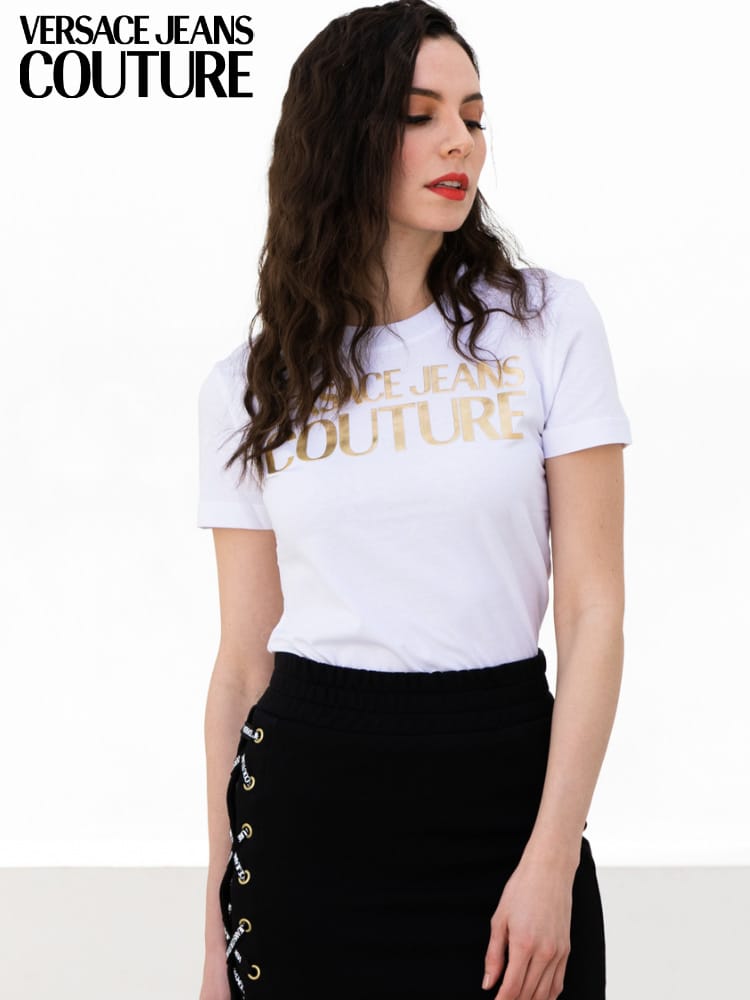 VERSACE JEANS COUTURE (ヴェルサーチェ ジーンズクチュール) ゴールドプリント クルーネック 半袖 Tシャツ VCLB2HWA7TB レディース