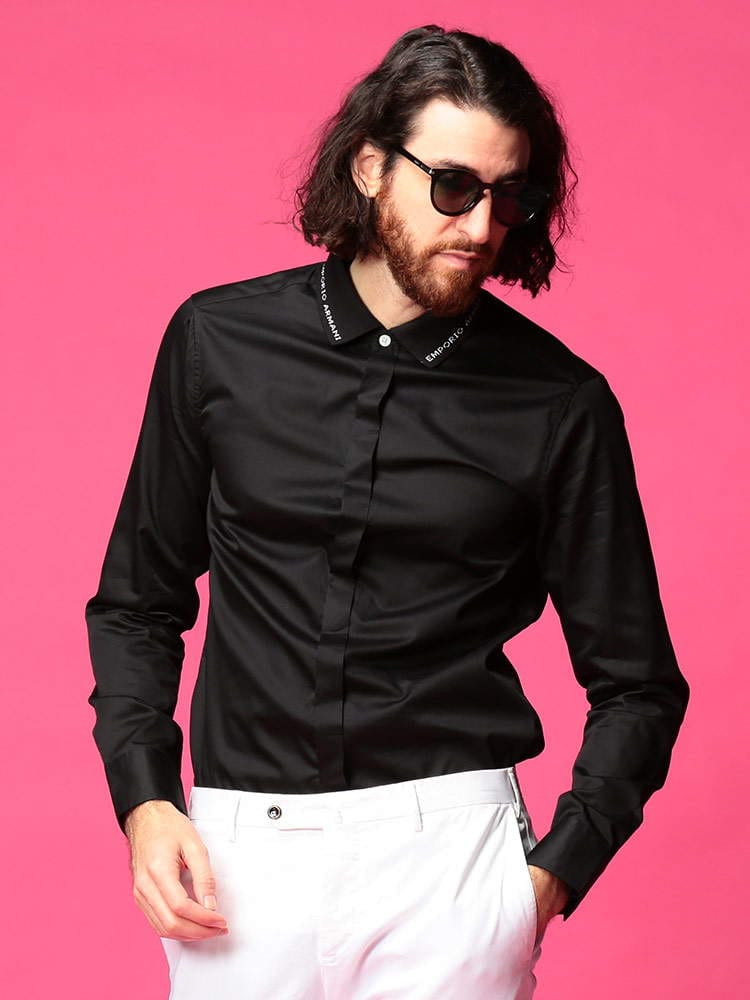 EMPORIO ARMANI (エンポリオアルマーニ) コットン ロゴネック リブ衿 長袖 シャツ EA3K1CP81NXRZ