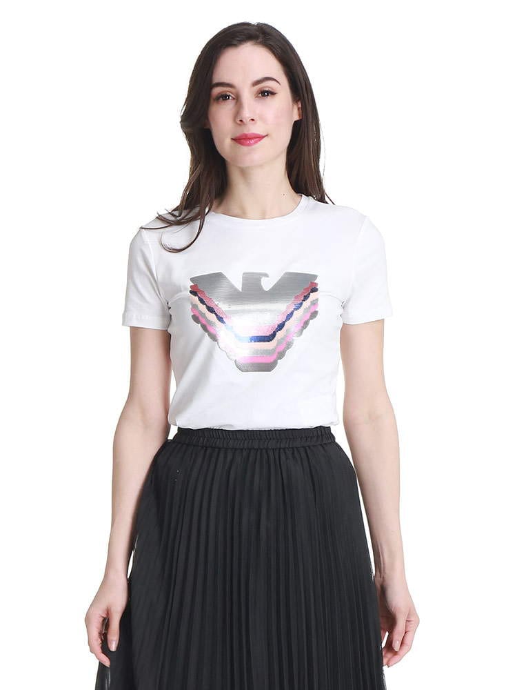 EMPORIO ARMANI (エンポリオ アルマーニ) 配色 スパンコール ロゴ クルーネック 半袖 Tシャツ EAL3K2T6A2JQAZ レディース ロゴ