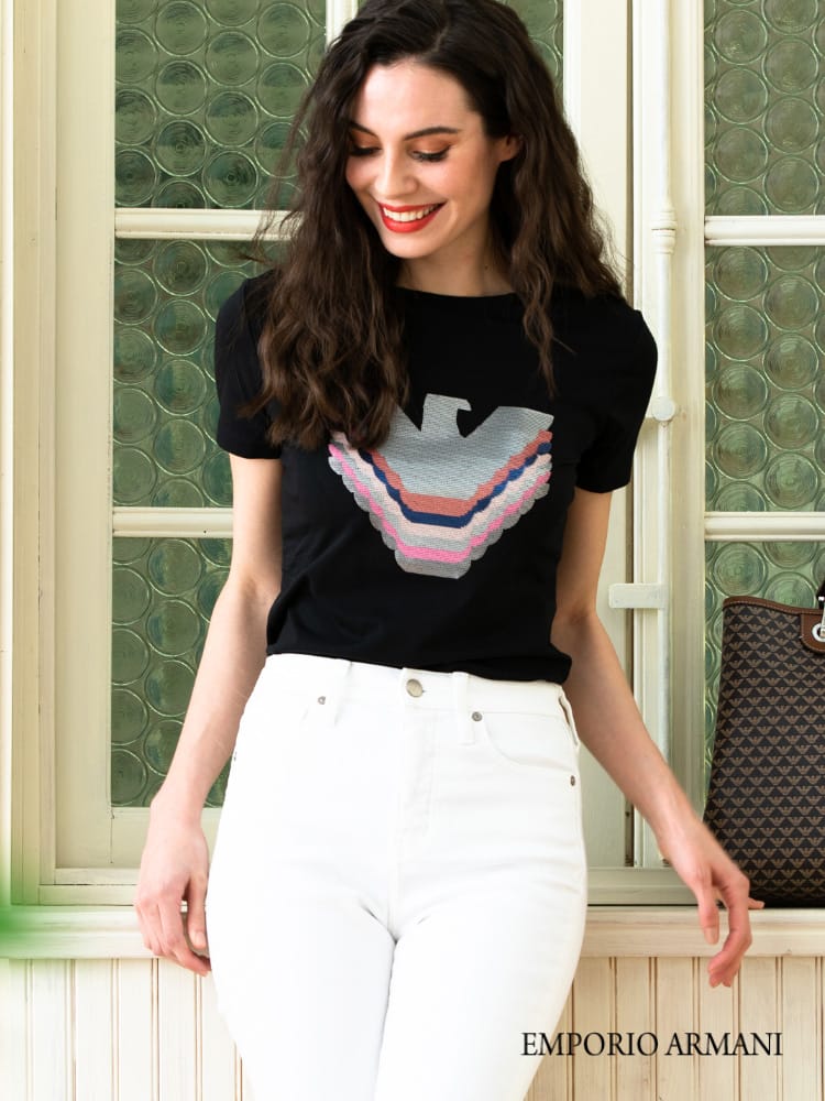 EMPORIO ARMANI (エンポリオ アルマーニ) 配色 スパンコール ロゴ クルーネック 半袖 Tシャツ EAL3K2T6A2JQAZ レディース ロゴ