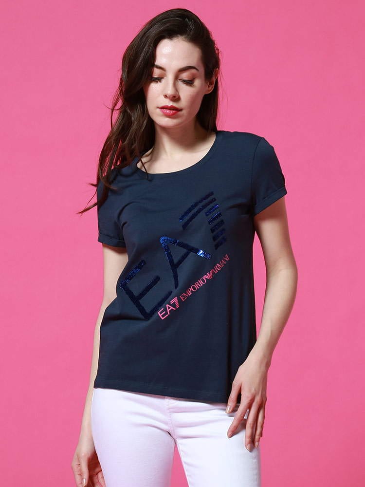EMPORIO ARMANI EA7 (エンポリオ アルマーニ) 斜めロゴ スパンコール クルーネック 半袖 Tシャツ EAL3KTT28TJ12Z レディース ロゴ