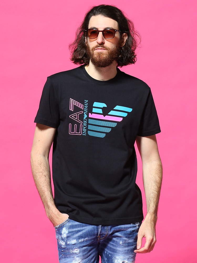 EMPORIO ARMANI EA7 (エンポリオアルマーニ) 綿100％ ネオンカラー プリント クルーネック 半袖 Tシャツ EA3KPT22PJ6EZ