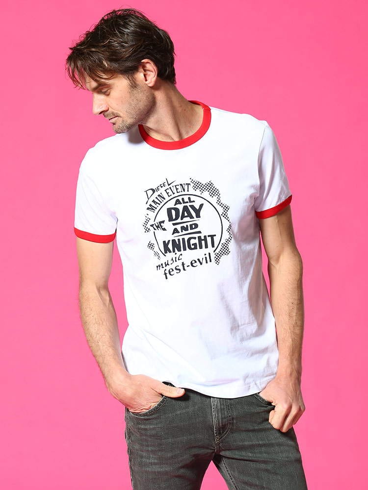 DIESEL (ディーゼル) 衿袖リブ フロントプリント クルーネック 半袖 Tシャツ DSA01689GRAI