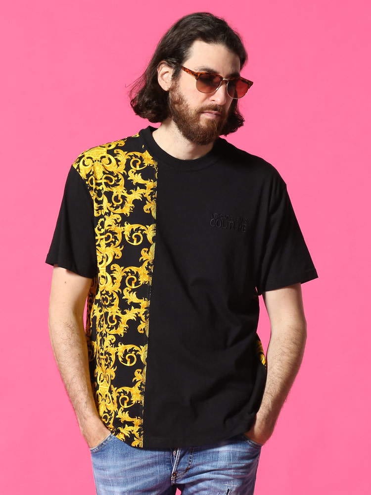 VERSACE JEANS COUTURE (ヴェルサーチェ ジーンズクチュール) バロックプリント 切り替え クルーネック 半袖 Tシャツ VCB5GWA7R1S0155