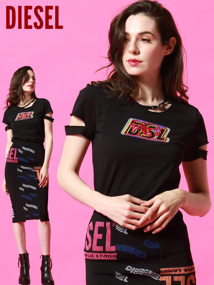 DIESEL (ディーゼル) ロゴプリント クラッシュ クルーネック 半袖 Tシャツ DSLA04478QBAE