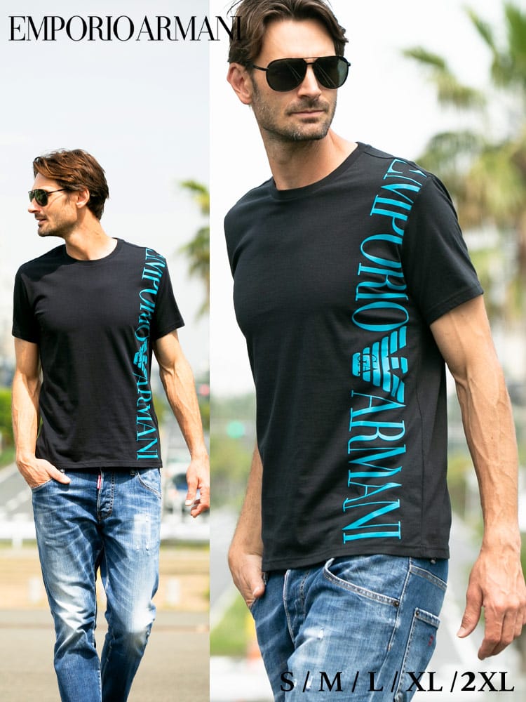 エンポリオアルマーニ メンズ EMPORIO ARMANI Tシャツ 半袖 ビッグ ロゴ プリント ブランド トップス コットン 黒 赤 紺  EA2118311P469