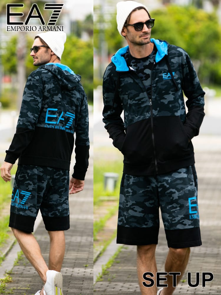 エンポリオアルマーニ EA7 メンズ EMPORIO ARMANI セットアップ スウェット カモフラージュ 迷彩 ブランド 上下セット ショーツ パーカー スエット EA3KPM44PJ5BZ