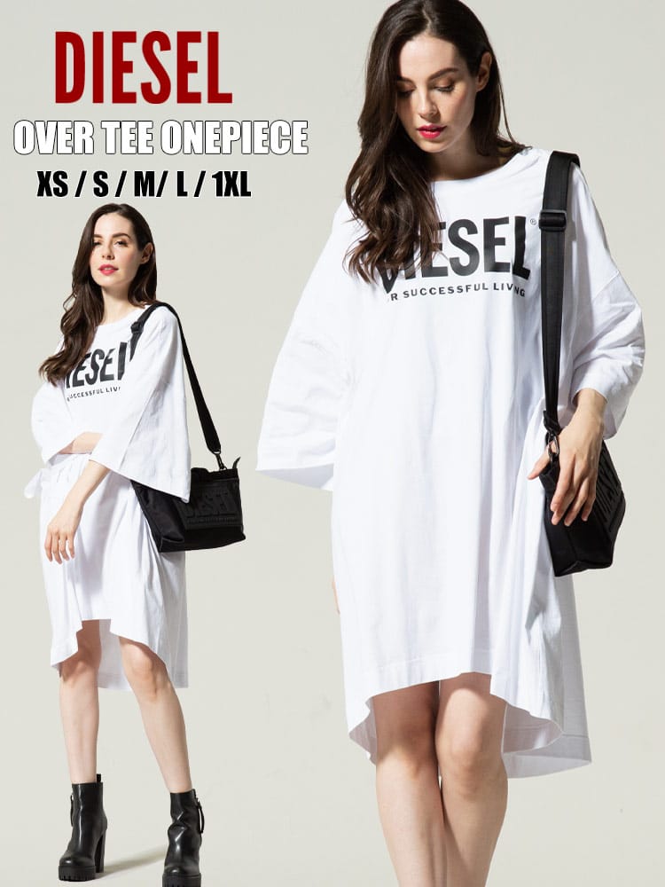 DIESEL (ディーゼル) ロゴプリント クルーネック ロング丈 Tシャツ オーバーサイズ DSLA04790AAXJ レディース ロゴ