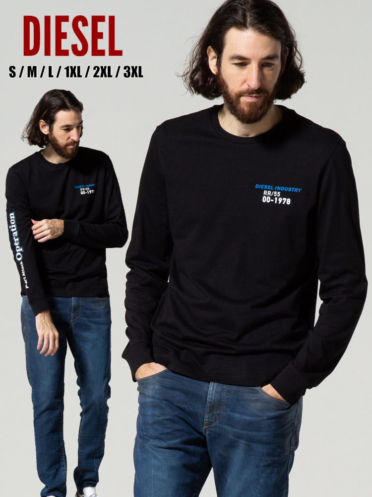 DIESEL (ディーゼル) メンズ ロンT 袖プリント ロゴ プリント 長袖 Tシャツ カットソー 大きいサイズ ブランド DSA02975GRAI