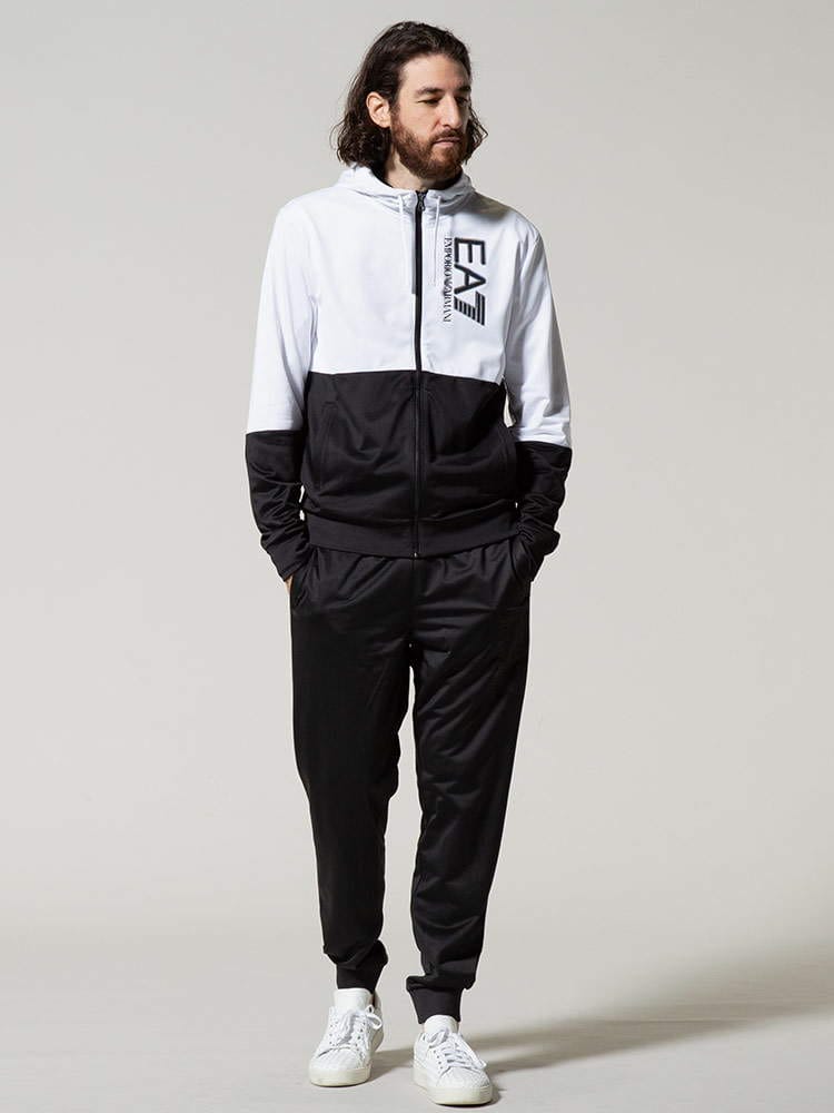 EMPORIO ARMANI EA7 (エンポリオアルマーニ) 裏起毛 バイカラー フルジップ パーカー ロングパンツ セットアップ EA6KPV58PJCNZ メンズ スウェット