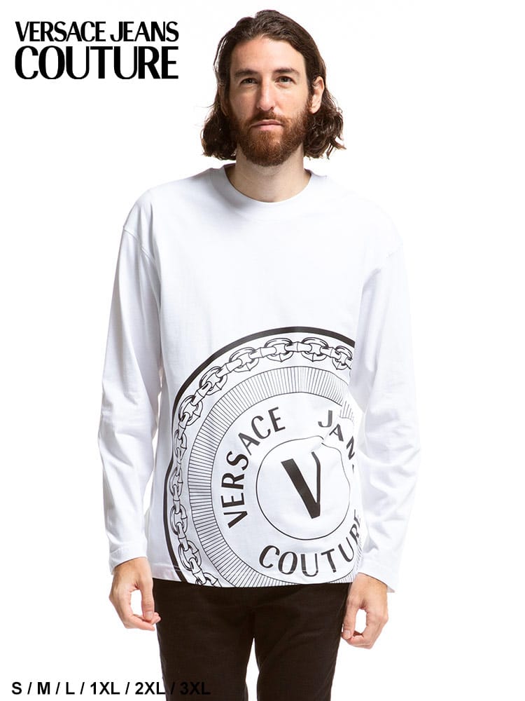 VERSACE JEANS COUTURE (ヴェルサーチェ ジーンズ クチュール) BIGロゴ クルーネック 長袖 Tシャツ CENTERED VEMB VC71GAHT20CJ00T