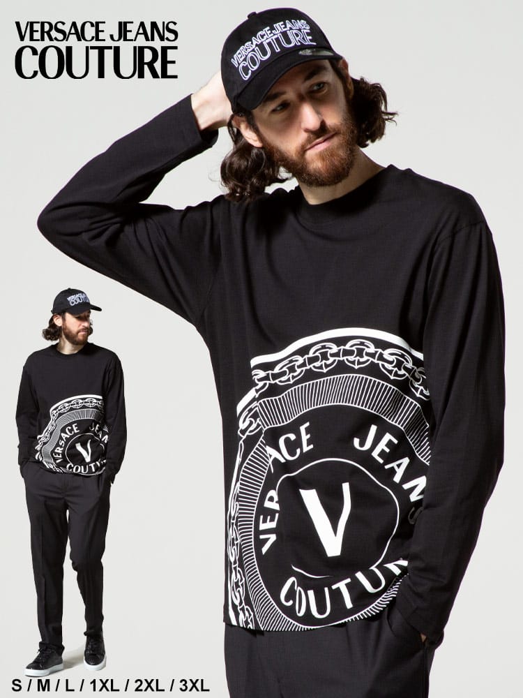 VERSACE JEANS COUTURE (ヴェルサーチェ ジーンズ クチュール) BIGロゴ クルーネック 長袖 Tシャツ CENTERED VEMB VC71GAHT20CJ00T