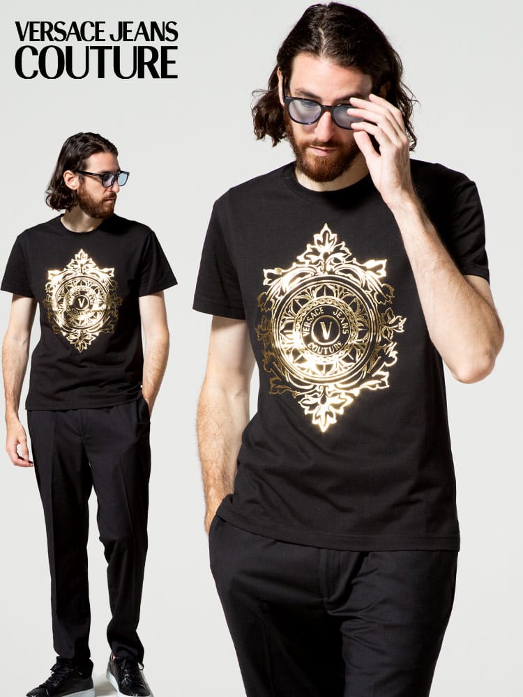 VERSACE JEANS COUTURE (ヴェルサーチェ ジーンズ クチュール) ゴールドプリント クルーネック 半袖 Tシャツ VEMBLEM LEAF VC71GAHF05CJ00F