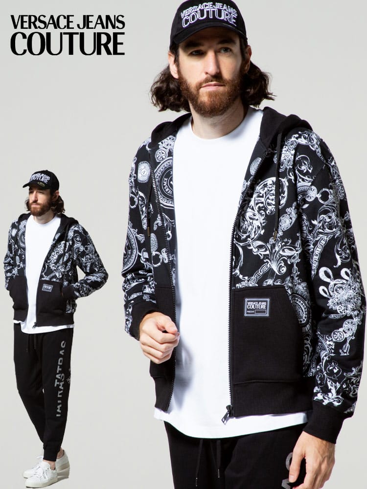 VERSACE JEANS COUTURE (ヴェルサーチェ ジーンズ クチュール) 裏起毛 総柄 フルジップ パーカー VC71GAI3Z2FS004 メンズ スウェット