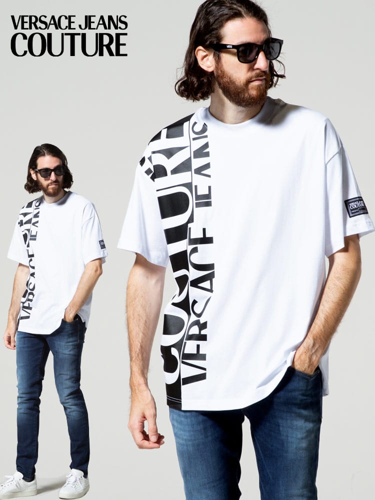 VERSACE JEANS COUTURE (ヴェルサーチェ ジーンズ クチュール) サイドロゴ クルーネック 半袖 Tシャツ LOGO STORY VC71GAHT18CJ00T