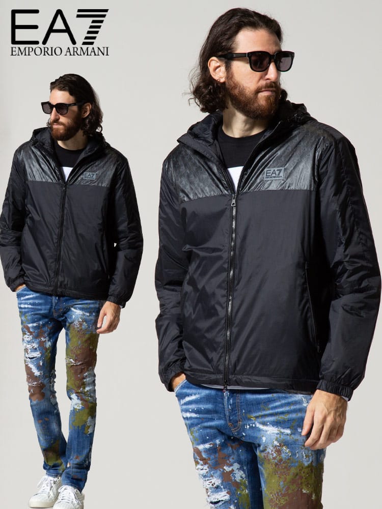 EMPORIO ARMANI EA7 (エンポリオアルマーニ) ハーフ総ロゴ フード フルジップ 中綿 ブルゾン EA6KPB18PNR4Z