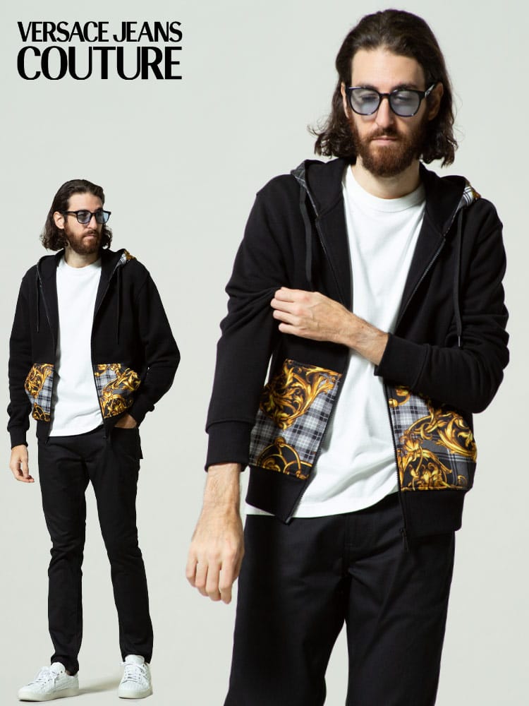VERSACE JEANS COUTURE (ベルサーチェ ジーンズ クチュール) 裏起毛 バロック切り替え フルジップ パーカー VC71GAI3Z7F0002 メンズ スウェット