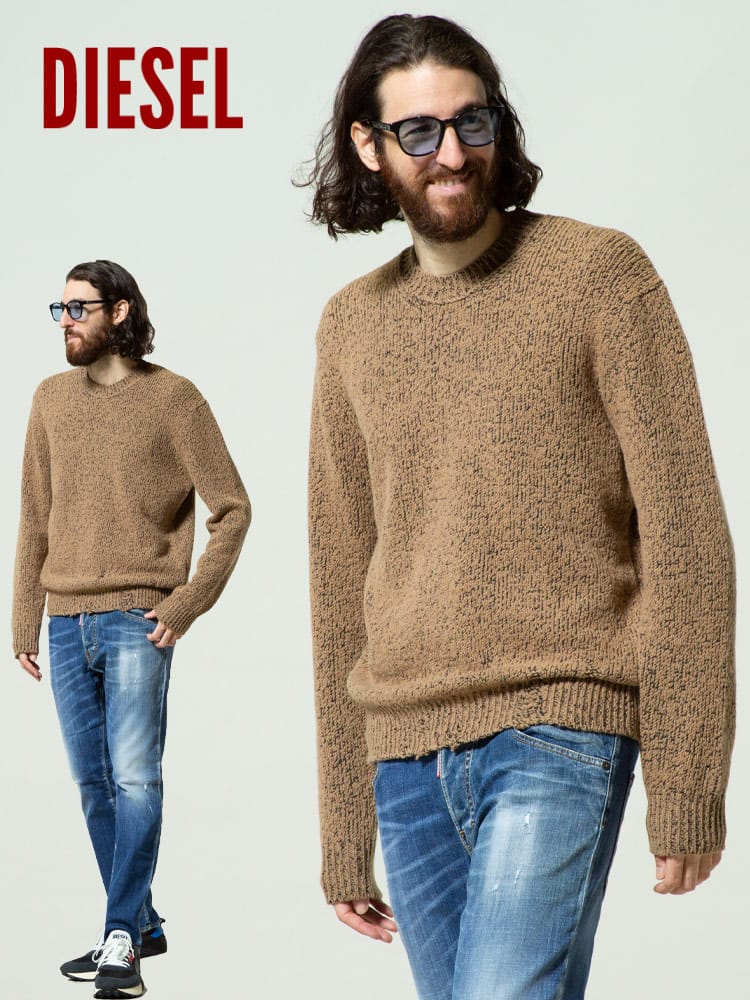 DIESEL (ディーゼル) ウール混 クルーネック 長袖 ニット ダメージ加工 クラッシュ DSA03421BFAJ
