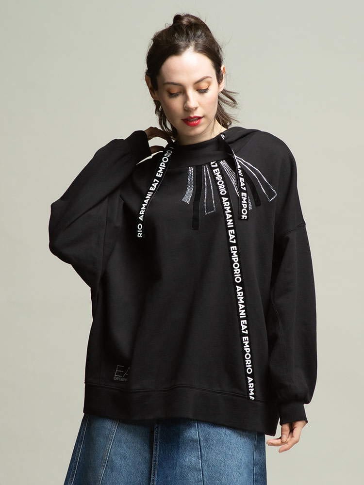 EMPORIO ARMANI EA7 エンポリオ アルマーニ ロゴ テープ ラインストーン フード プルオーバー パーカー ブランド レディース スウェット EAL6KTM13TJ6PZ ロゴ