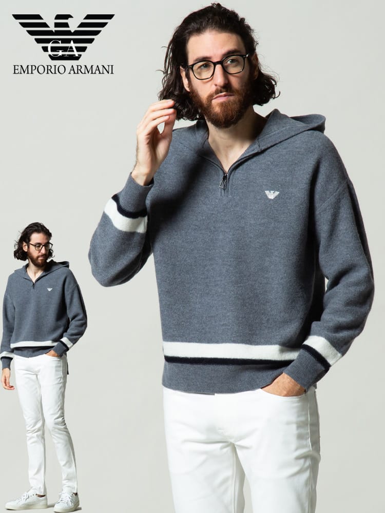 エンポリオアルマーニ メンズ EMPORIO ARMANI イーグル ロゴ ハーフジップ ウール ニット パーカー ブランド トップス EA6K1MXR1MVUZ