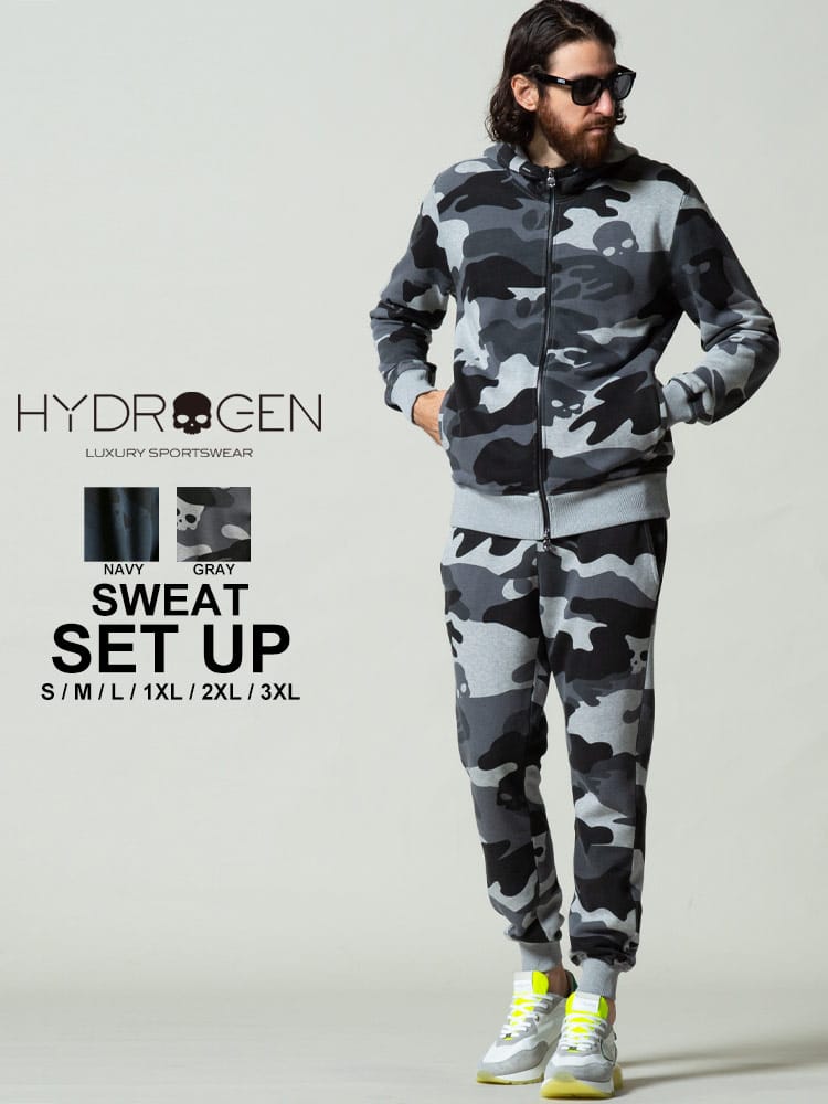 ハイドロゲン メンズ HYDROGEN 迷彩 スカル 総柄 パーカー ロングパンツ セットアップ ブランド 上下セット スウェット カモフラージュ HY290102104