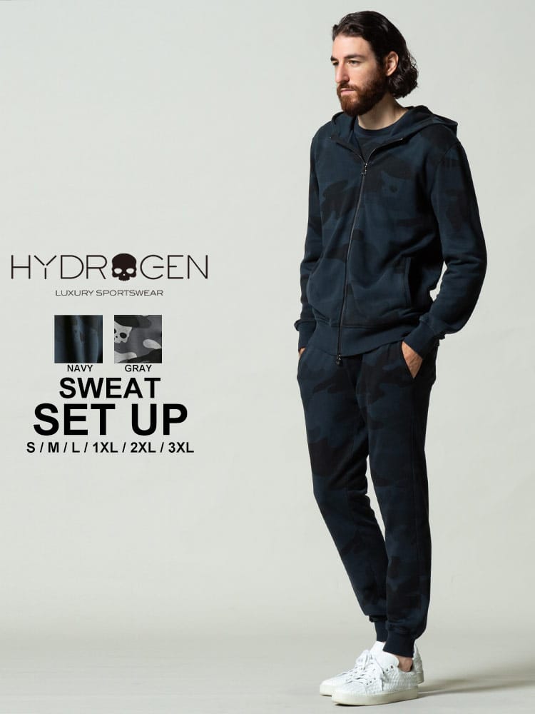 ハイドロゲン メンズ HYDROGEN 迷彩 スカル 総柄 パーカー ロングパンツ セットアップ ブランド 上下セット スウェット カモフラージュ HY290102104
