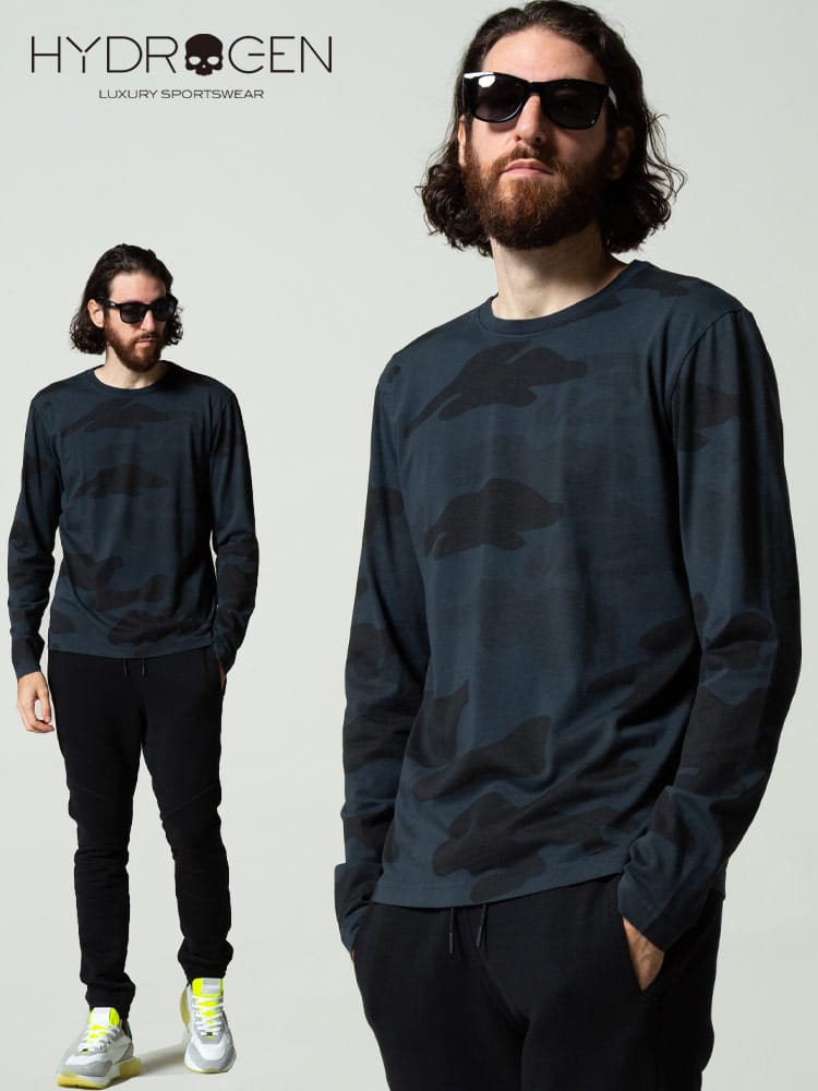 ハイドロゲン メンズ HYDROGEN 迷彩 スカル 総柄 クルーネック 長袖 Tシャツ ブランド トップス ロンT カモフラージュ HY290106