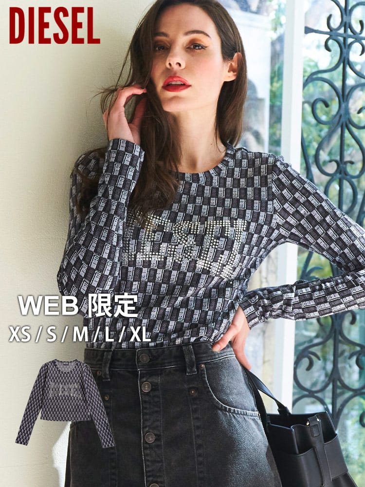 【オンラインストア限定】 DIESEL (ディーゼル)  レディース 長袖 トップス クリスタル ストーン ロゴ Tシャツ ブランド  カットソー T-INACROP DSLA05008 大きいサイズ