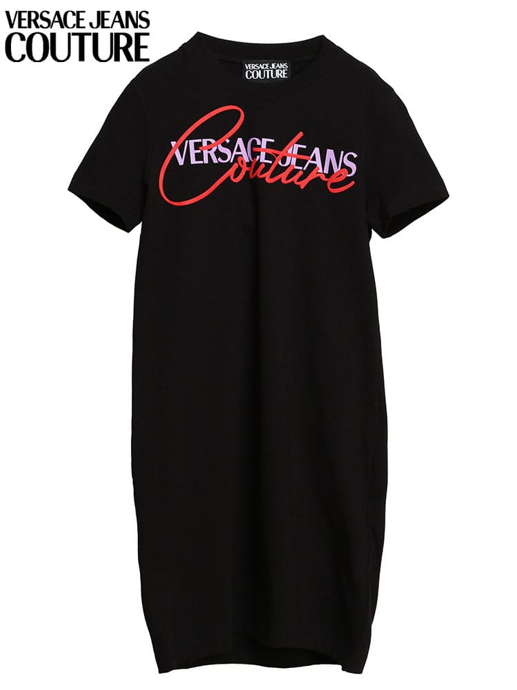 VERSACE JEANS COUTURE (ヴェルサーチェ ジーンズクチュール) ロゴプリント クルーネック 半袖 Tシャツ ワンピース Couture VCL72HAOT07 レディース ロゴ ブランド