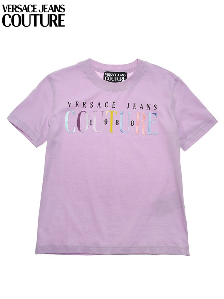 ヴェルサーチェ ジーンズクチュール レディース Tシャツ VERSACE JEANS COUTURE ブランド ロゴ カラフルロゴ クルーネック 半袖 大きいサイズ パープル 紫 VCL72HAHT06 ヴェルサーチ
