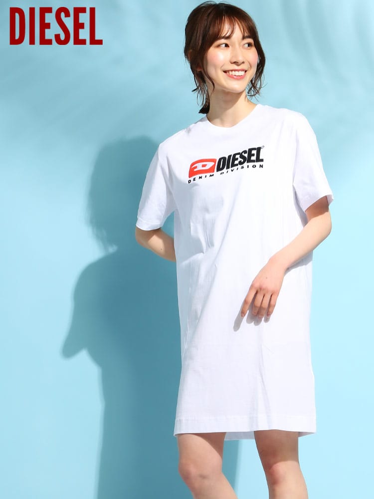 DIESEL ディーゼル レディース ワンピース ロゴ 刺繍 クルーネック 半袖 ロング 丈 Tシャツ コットン DSLA050910AAXJ ブランド