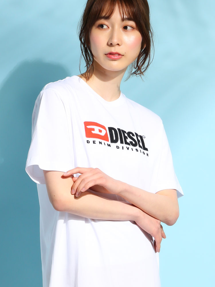 DIESEL ディーゼル レディース ワンピース ロゴ 刺繍 クルーネック 半袖 ロング 丈 Tシャツ コットン DSL【サカゼン公式通販】