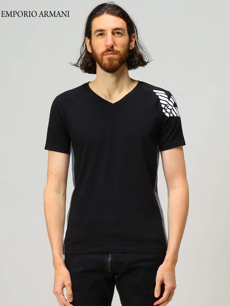 EMPORIO ARMANI エンポリオ アルマーニ メンズ ストレッチ Tシャツ 肩 イーグル ロゴ プリント サイドマーク Vネック 半袖 ブランド  EA1117602R725