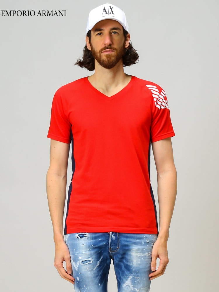 EMPORIO ARMANI エンポリオ アルマーニ メンズ ストレッチ Tシャツ 肩 イーグル ロゴ プリント サイドマーク Vネック 半袖 ブランド  EA1117602R725