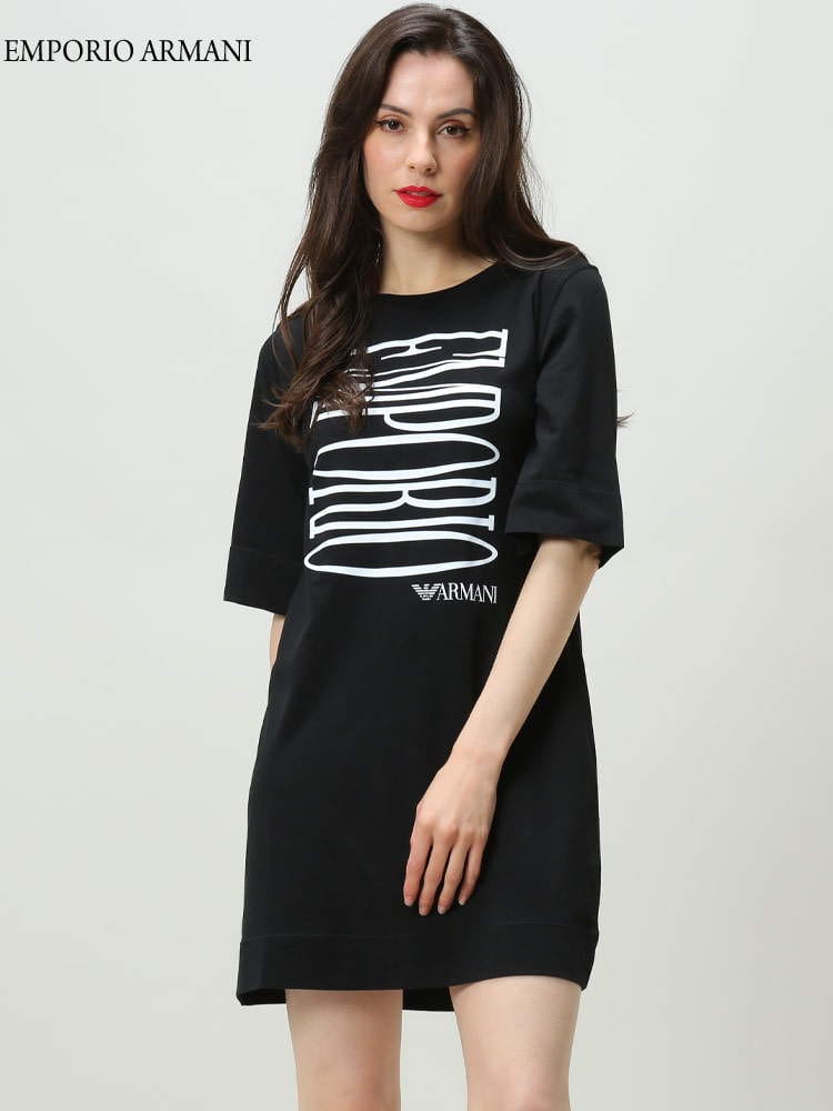 【オンラインストア限定】 EMPORIO ARMANI エンポリオ アルマーニ レディース ワンピース ロゴ ビック プリント オーバー Tシャツ カットワンピース ブラック EAL2626762R340 ブランド