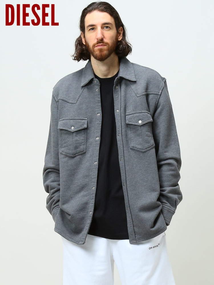 ディーゼル メンズ シャツ 長袖 DIESEL ブランド トップス 長袖シャツ スウェット ポケット スエット 秋 冬 無地 グレー 灰色 DSA062650DGAG