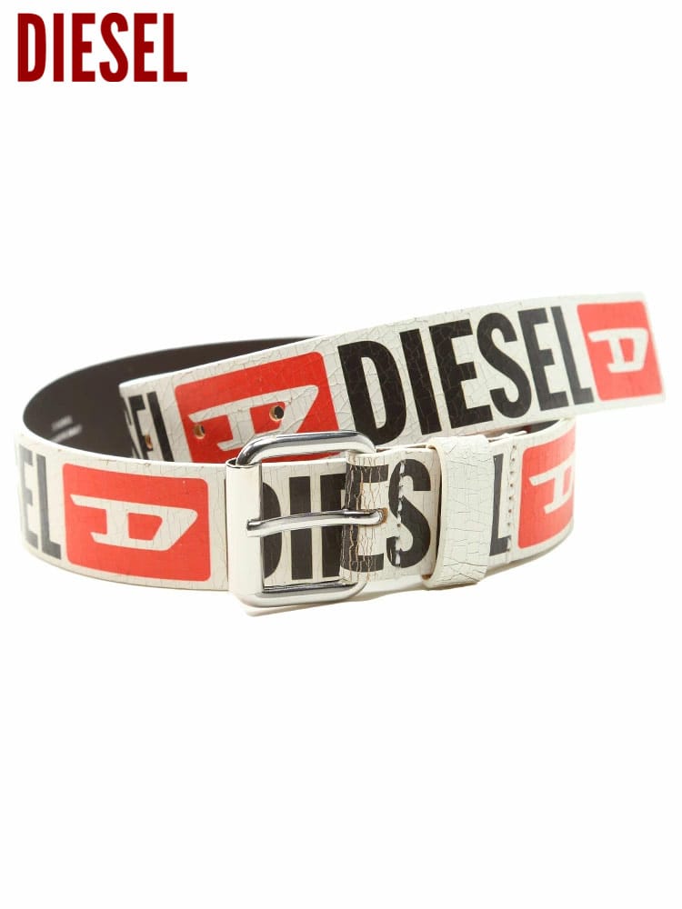 ディーゼル メンズ ベルト DIESEL  ブランド カジュアルベルト レザーベルト ロゴ プリント レザー 牛革 カウレザー 本革 カジュアル 白 シロ 大きいサイズ DSX08961PR400