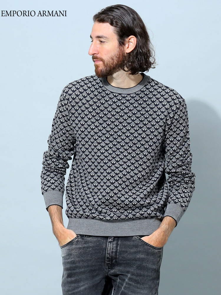 アルマーニ メンズ セーター エンポリオアルマーニ EMPORIO ARMANI ブランド ニット トップス  プルオーバー 総柄 イーグル EA6L1MX11MPRZ
