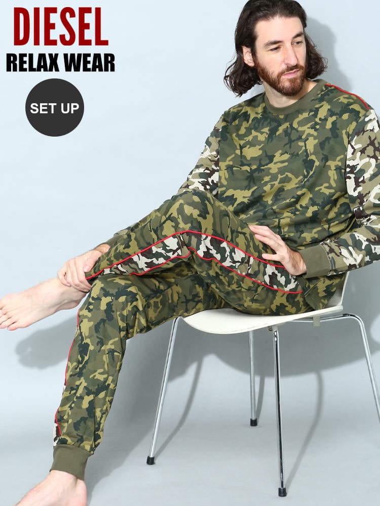 【EC限定】 ディーゼル メンズ セットアップ DIESEL ブランド セット パジャマ ルームウェア ロンT Tシャツ ロングパンツ 迷彩柄 DSA038990NDAX