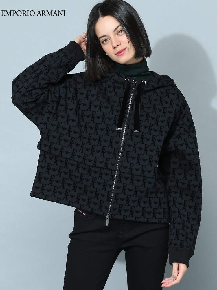 アルマーニ レディース パーカー エンポリオアルマーニ EMPORIO ARMANI ブランド トップス 長袖 総柄 ロゴ ショート丈 EAL6L2M7H2JTCZ