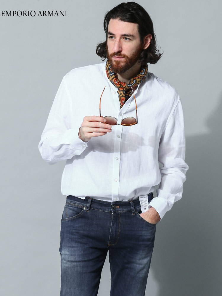 EMPORIO ARMANI (エンポリオアルマーニ) リネン スタンドカラー 長袖 シャツ EAD41SMGD10F9 ブランド