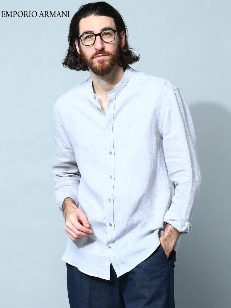 EMPORIO ARMANI (エンポリオアルマーニ) リネン スタンドカラー 長袖 シャツ EAD41SMGD10F9 ブランド