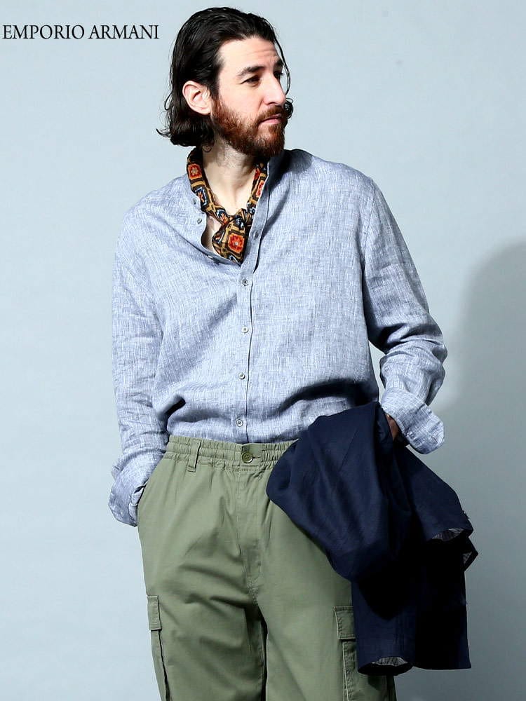 EMPORIO ARMANI (エンポリオアルマーニ) リネン スタンドカラー 長袖 シャツ EAD41SMGD10F9 ブランド