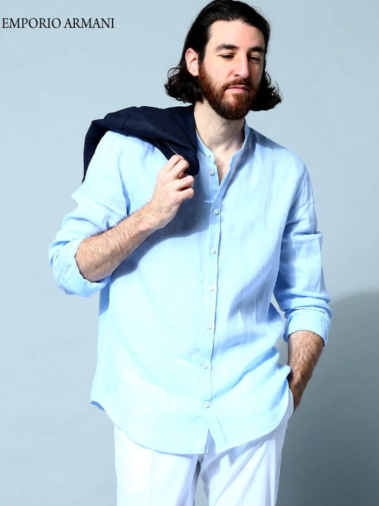 EMPORIO ARMANI (エンポリオアルマーニ) リネン スタンドカラー 長袖 シャツ EAD41SMGD10F9 ブランド