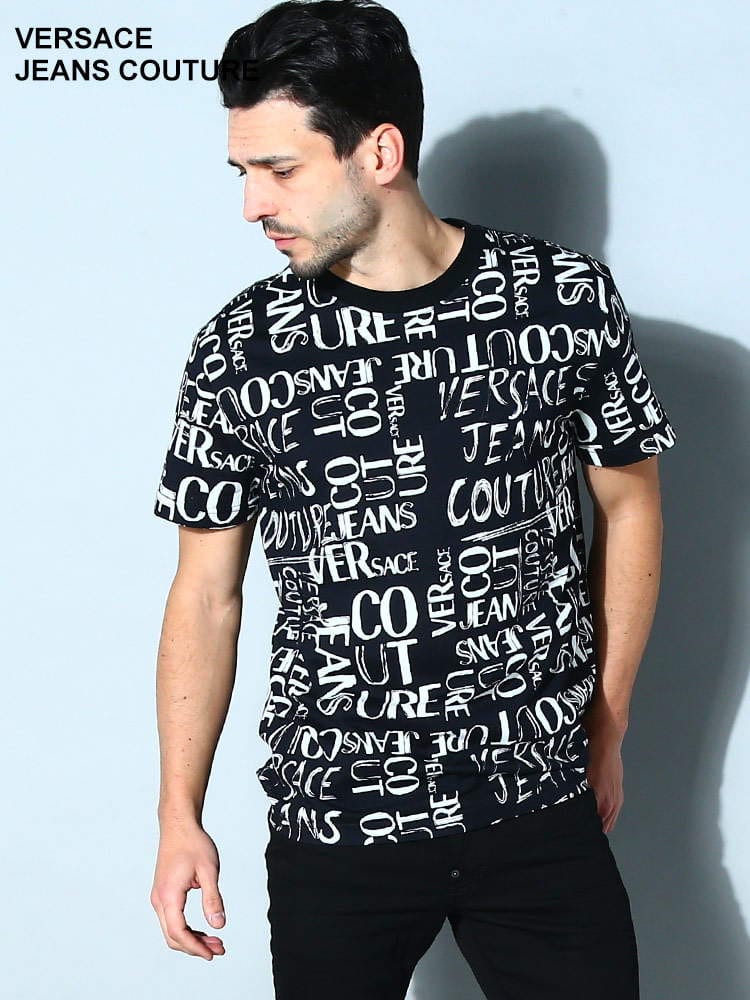 VERSACE JEANS COUTURE (ヴェルサーチェ ジーンズ クチュール) 総柄ロゴ クルーネック 半袖 Tシャツ VC74GAH6S2JS167 ブランド
