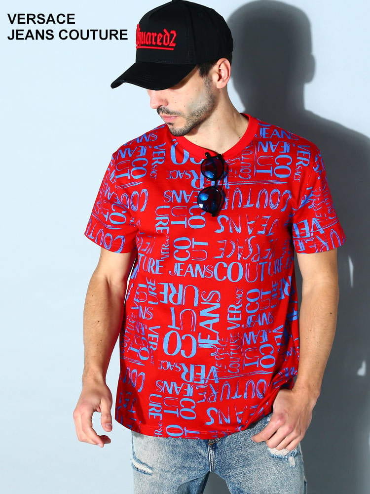 VERSACE JEANS COUTURE (ヴェルサーチェ ジーンズ クチュール) 総柄ロゴ クルーネック 半袖 Tシャツ VC74GAH6S2JS167