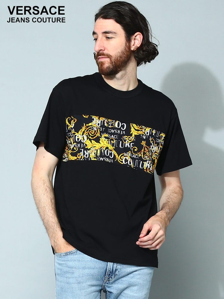 VERSACE JEANS COUTURE (ヴェルサーチェ ジーンズ クチュール) ロゴクチュール 切り替え クルーネック 半袖 Tシャツ VC74GAH617JS161 メンズ ブランド